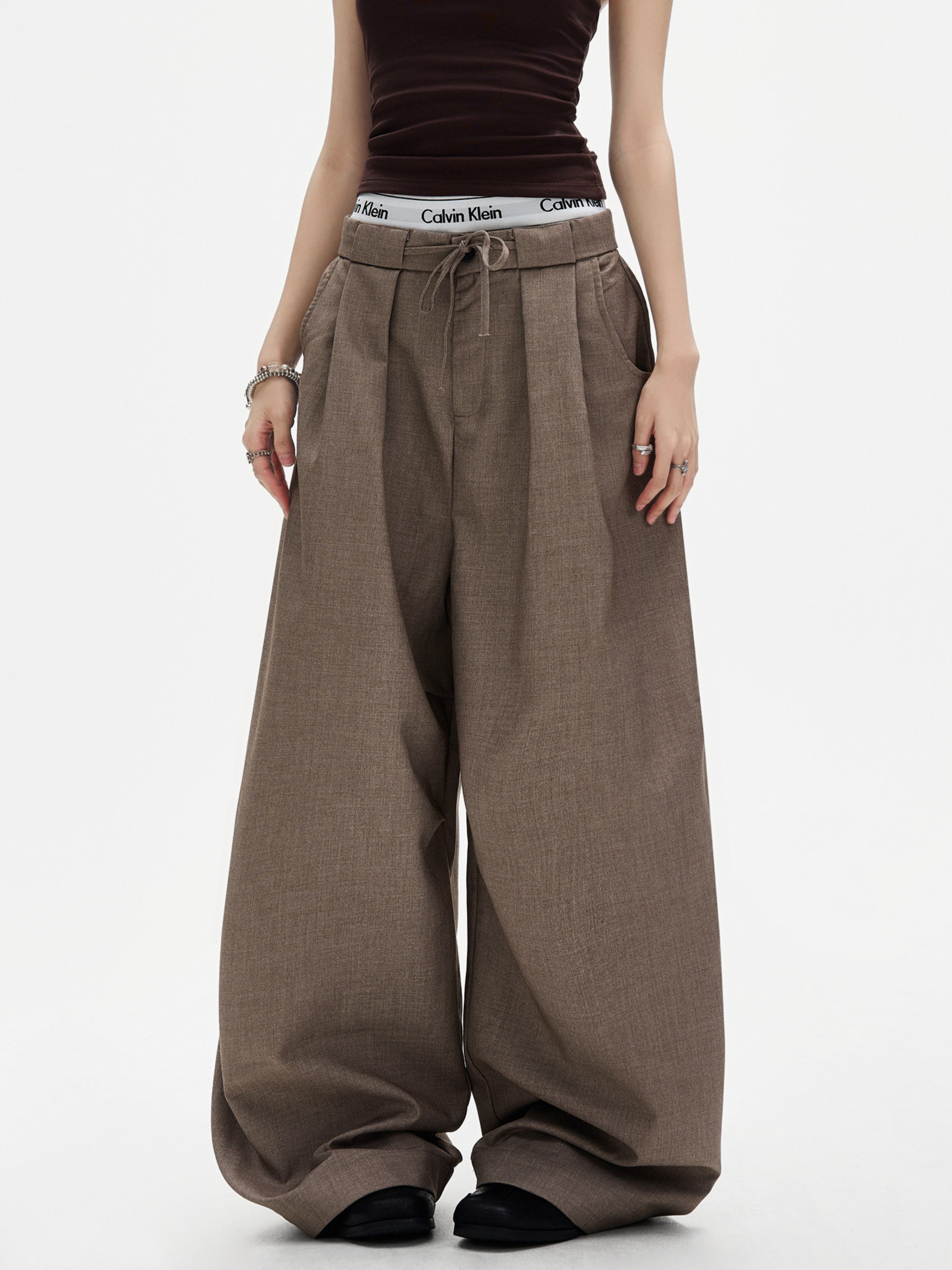 Ashshine - Women's Pleated Drawstring Waist Wide-Leg Tailored Pants