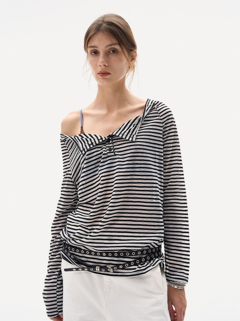 Greystorm - Women's Lightweight Striped Off-Shoulder Long Sleeve T-Shirt
