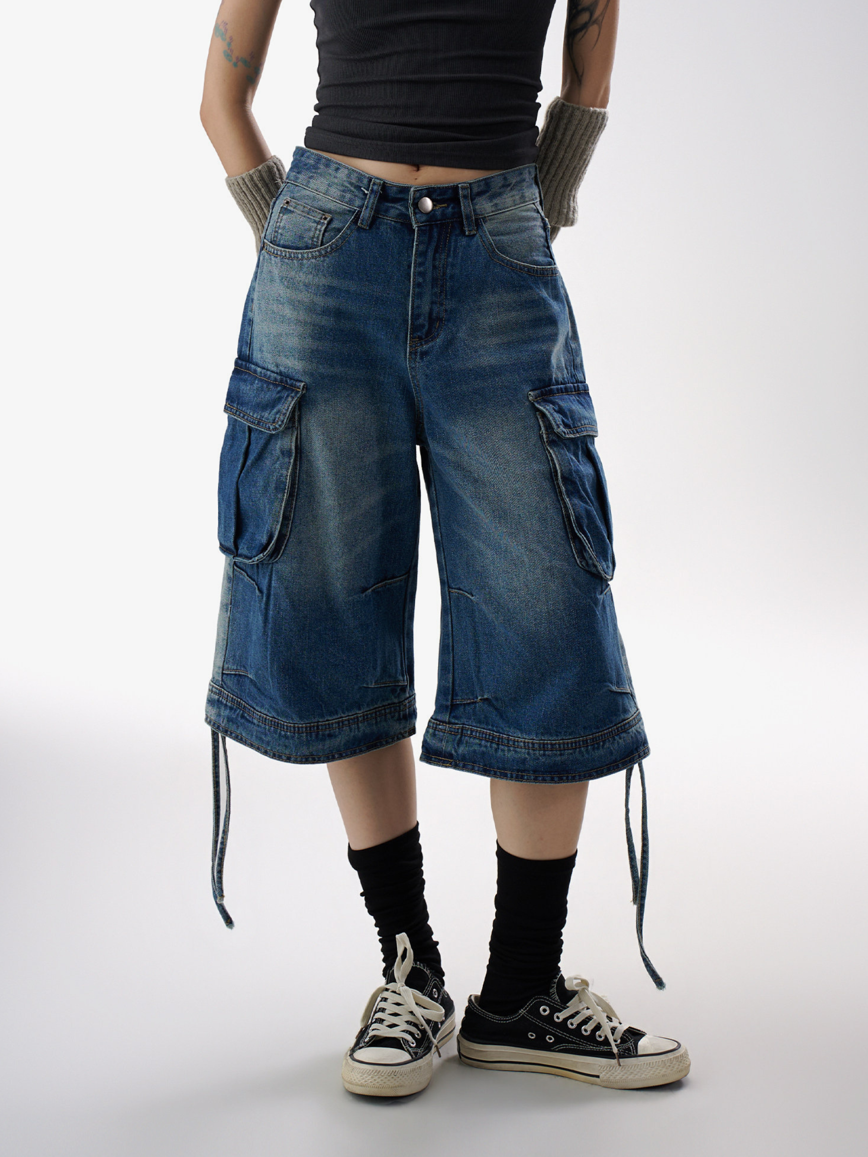 BasicLine - Women's Multi-Pocket Denim Cargo Cropped Pants
