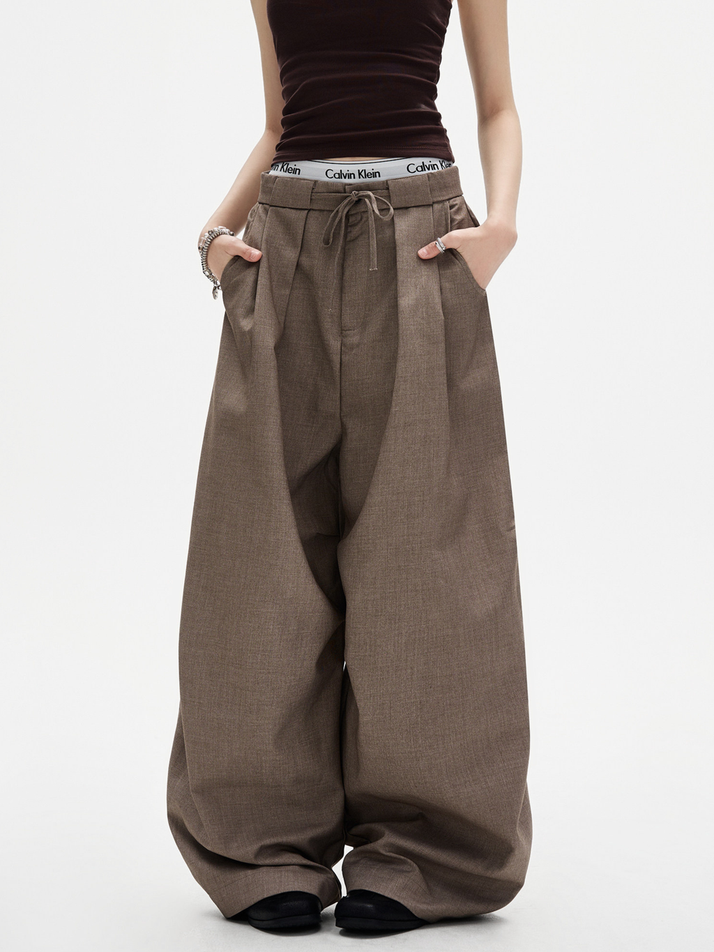 Ashshine - Women's Pleated Drawstring Waist Wide-Leg Tailored Pants