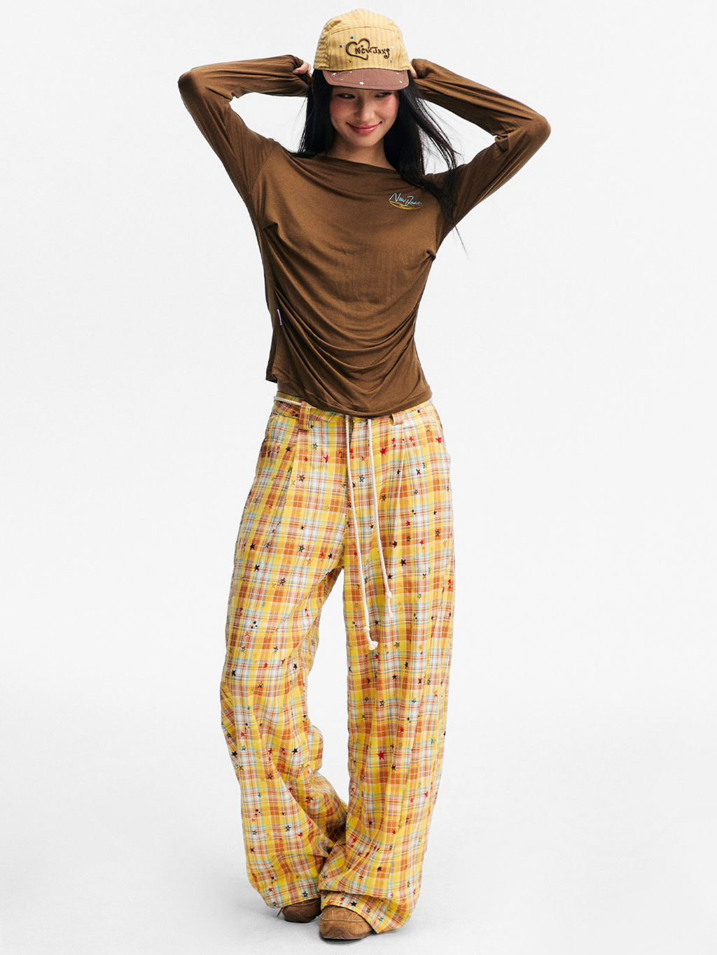 Ashlight - Women's Star Plaid Print Lightweight Drawstring Pants
