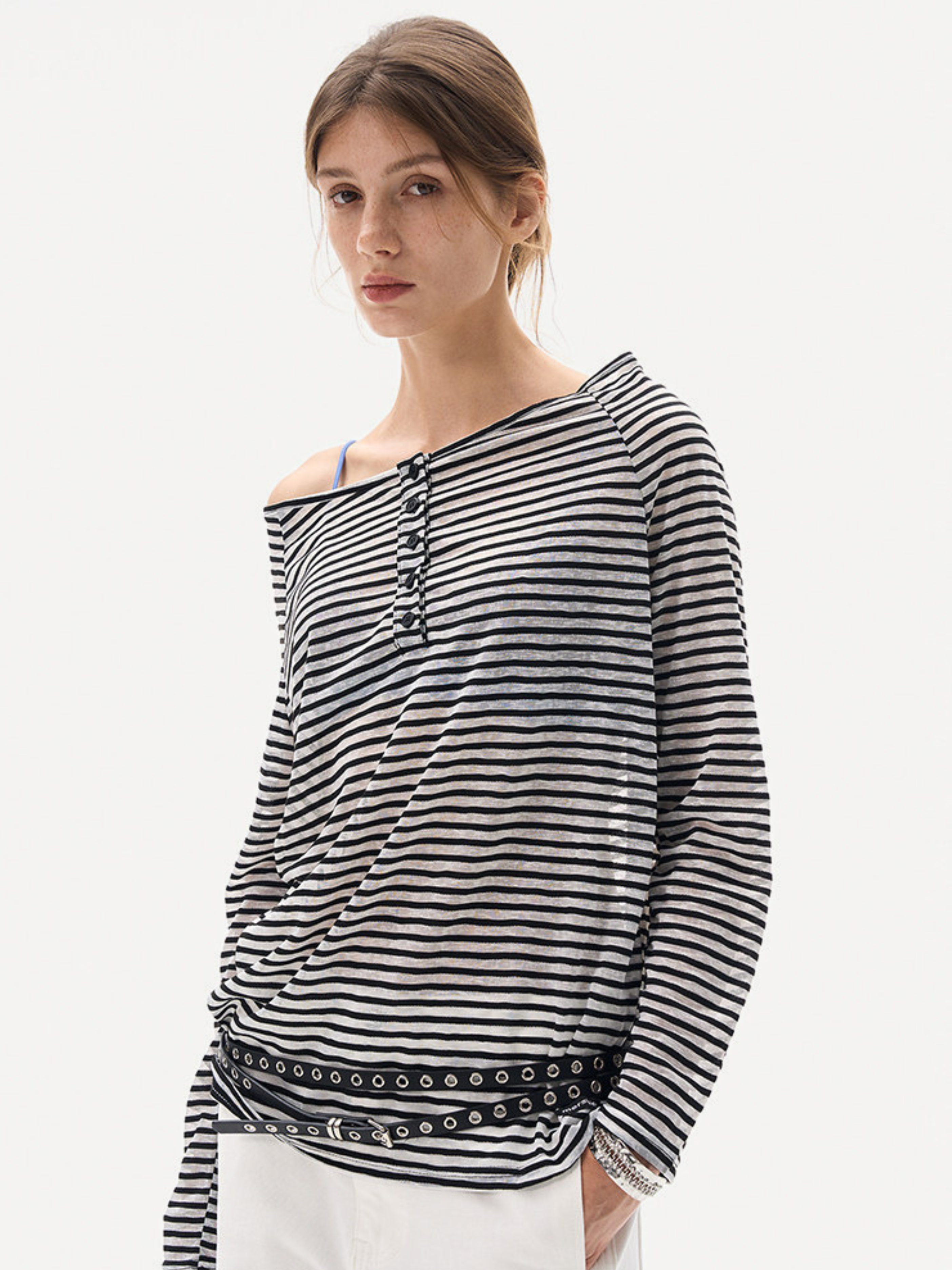 Greystorm - Women's Lightweight Striped Off-Shoulder Long Sleeve T-Shirt