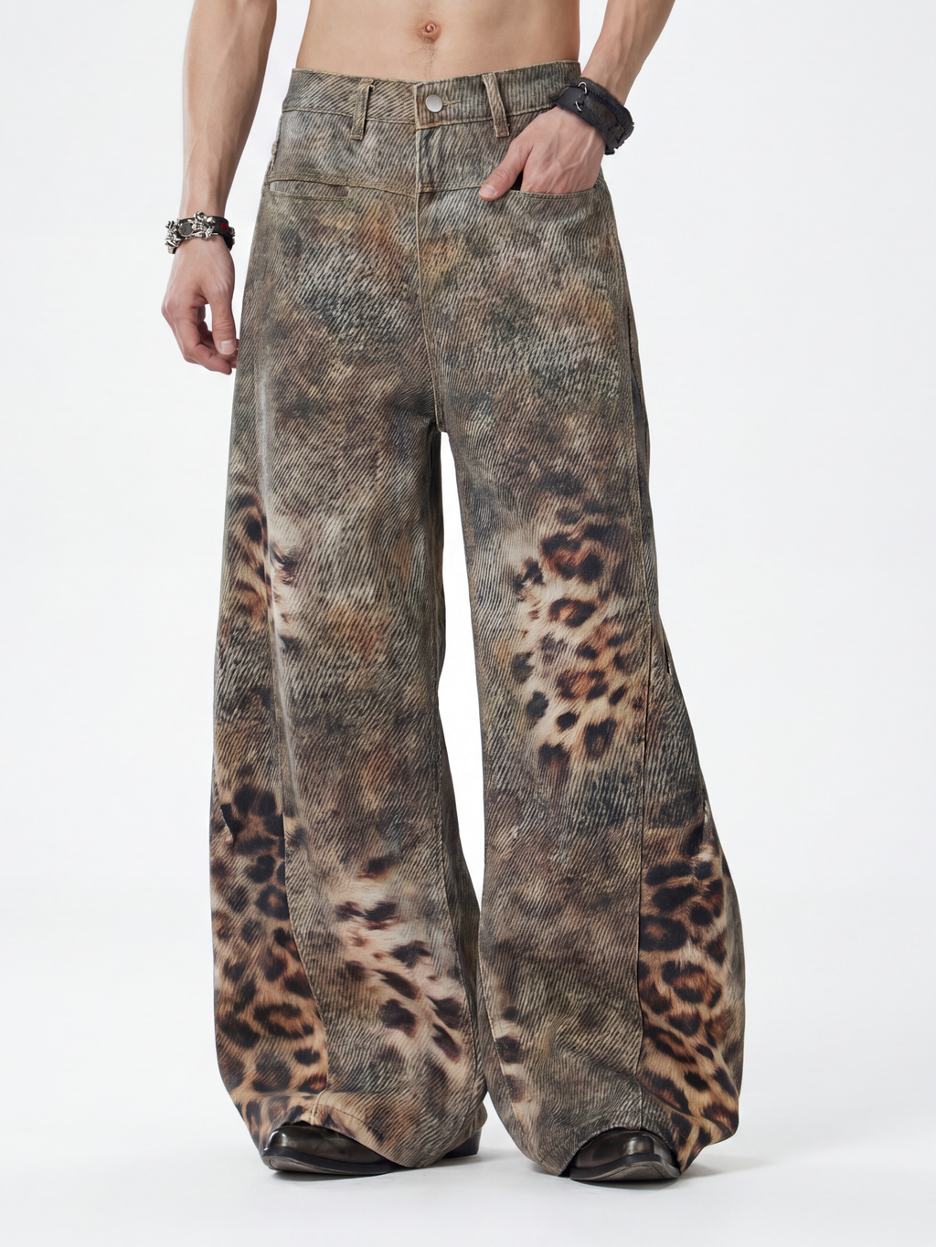 BeltSkip - Unisex 3D Printed Distressed Leopard Curved-Leg Pants