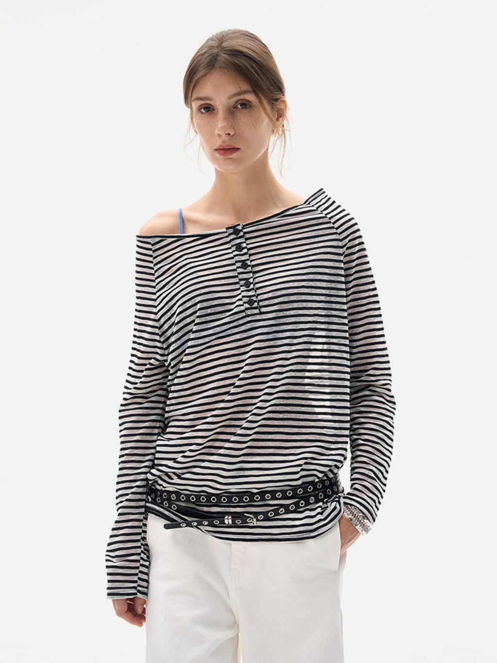 Greystorm - Women's Lightweight Striped Off-Shoulder Long Sleeve T-Shirt