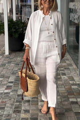 Women's casual solid color cotton and linen suit
