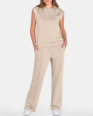 Women's Solid Tank Top & Drawstring Waist Wide Leg Pants Two-piece Set