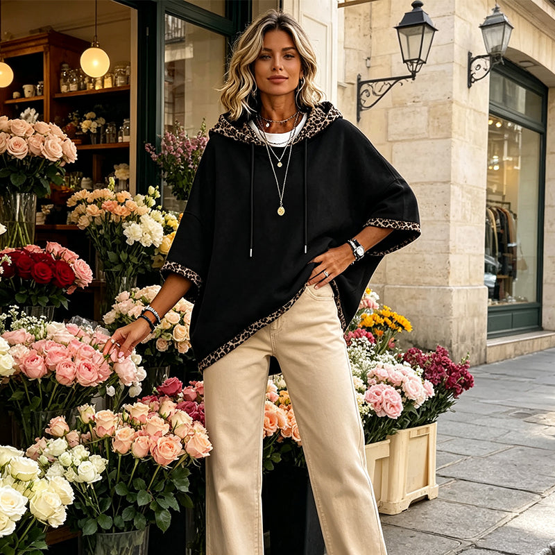 Women's Leopard Trim Hoodie – Relaxed Fit Drawstring Sweatshirt